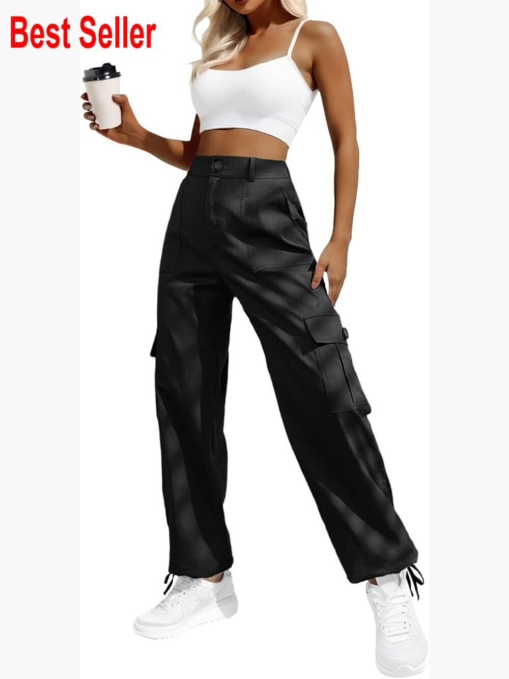 High Waisted Cargo Pants with Drawstring Ankle Cuffs and 6 Pockets